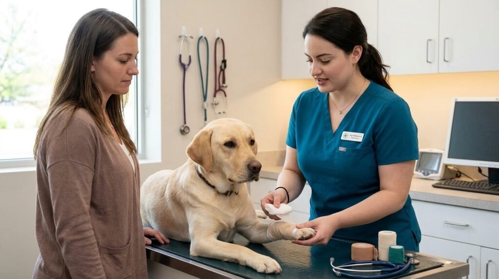 Female veterinarian demonstrating safe temporary paw bandaging for a dog owner.
