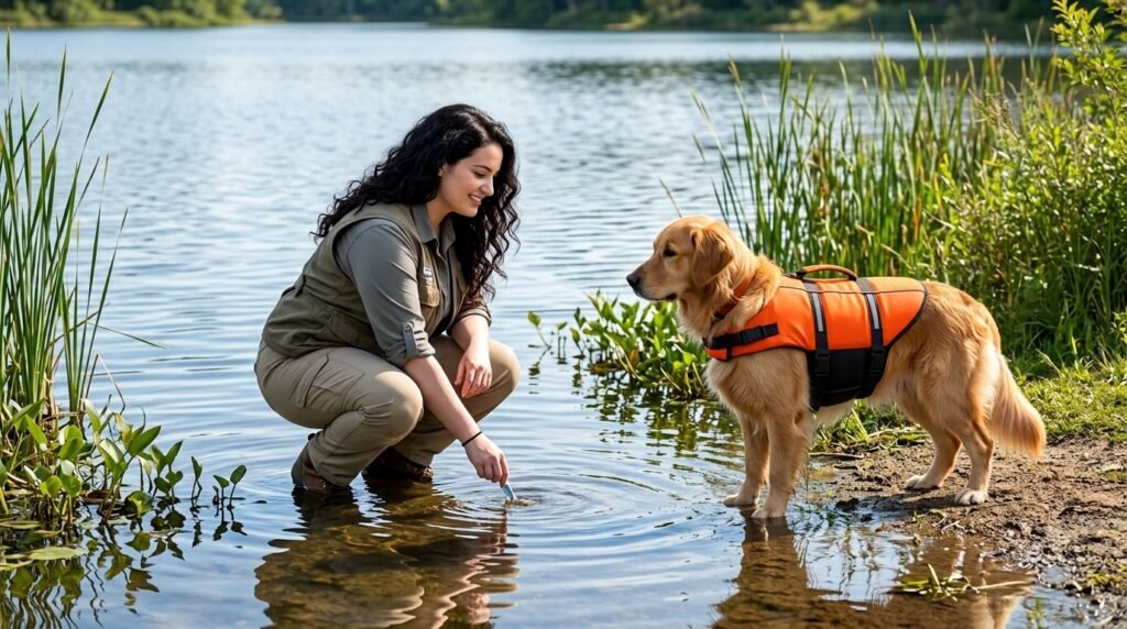 Dog swimming safety at a lake with water conditions checked before swimming