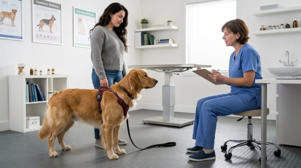 Veterinarian talking with an owner while a dog stands on a nonslip mat without restraint.
