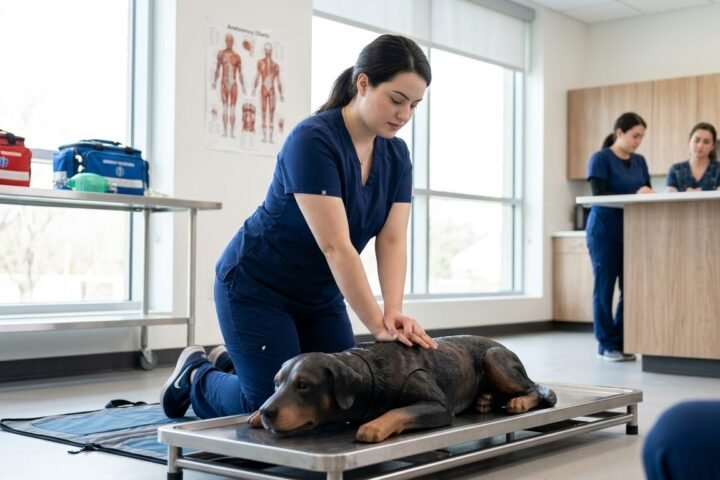 Dog CPR demonstration using chest compressions on a canine training manikin