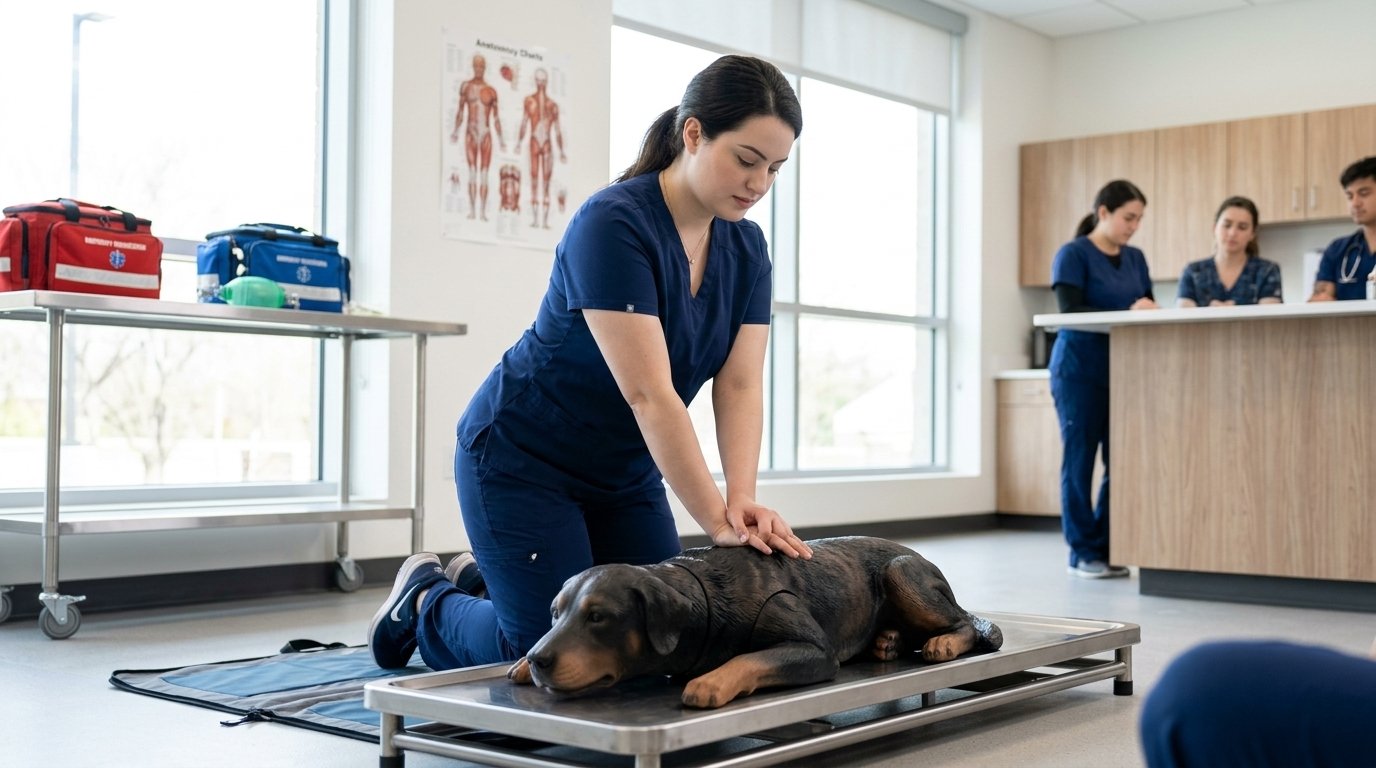 Dog CPR demonstration using chest compressions on a canine training manikin