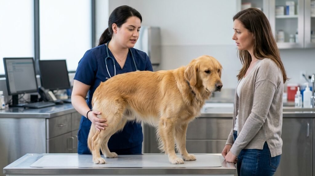 Female veterinarian evaluating a dog with a serious limp