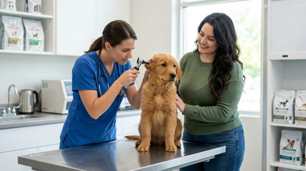 Veterinarian examining a dog with excessive licking