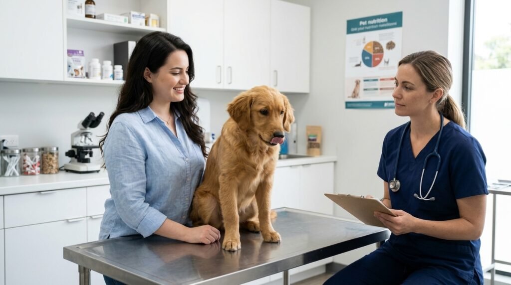 Dog licking its lips while being evaluated for possible discomfort