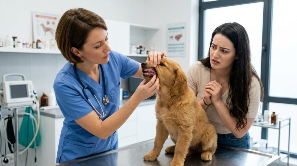 Veterinarian examining a dog with bloody stool symptoms