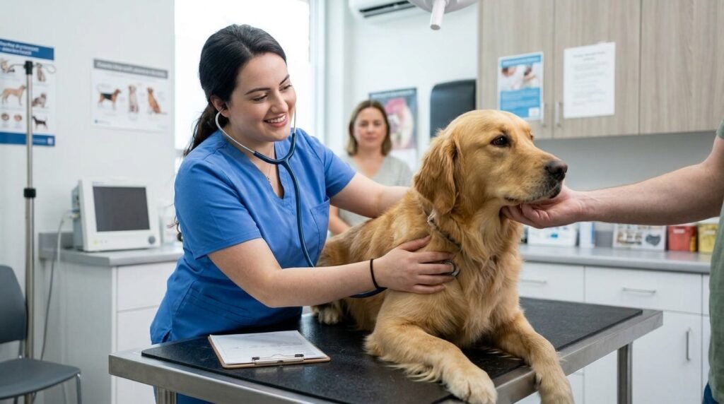 Female veterinarian evaluating a dog with possible car motion sickness