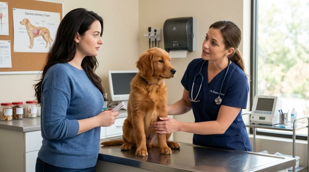 Veterinarian examining a dog during a urinary health evaluation