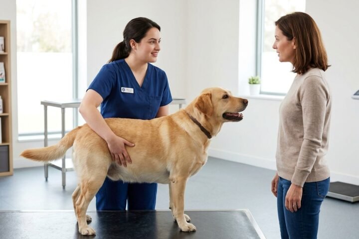 Dog weight loss assessment with a female veterinarian checking an overweight adult dog's body condition.