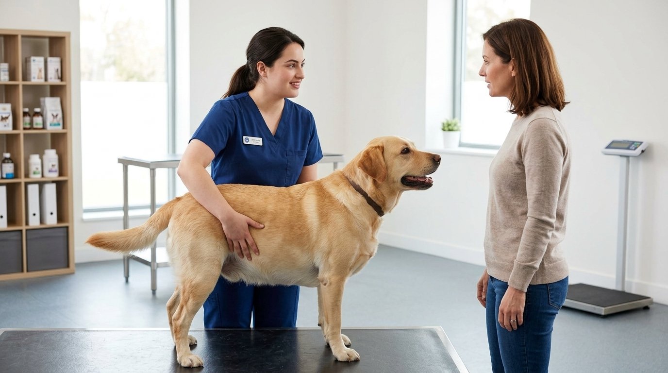 Dog weight loss assessment with a female veterinarian checking an overweight adult dog's body condition.