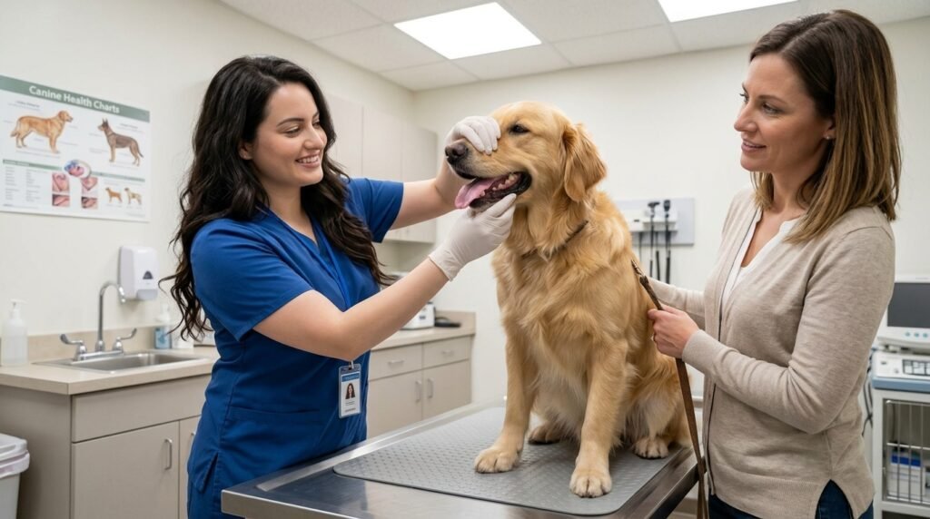 Veterinarian safely checking a dog’s gums and tongue in neutral light