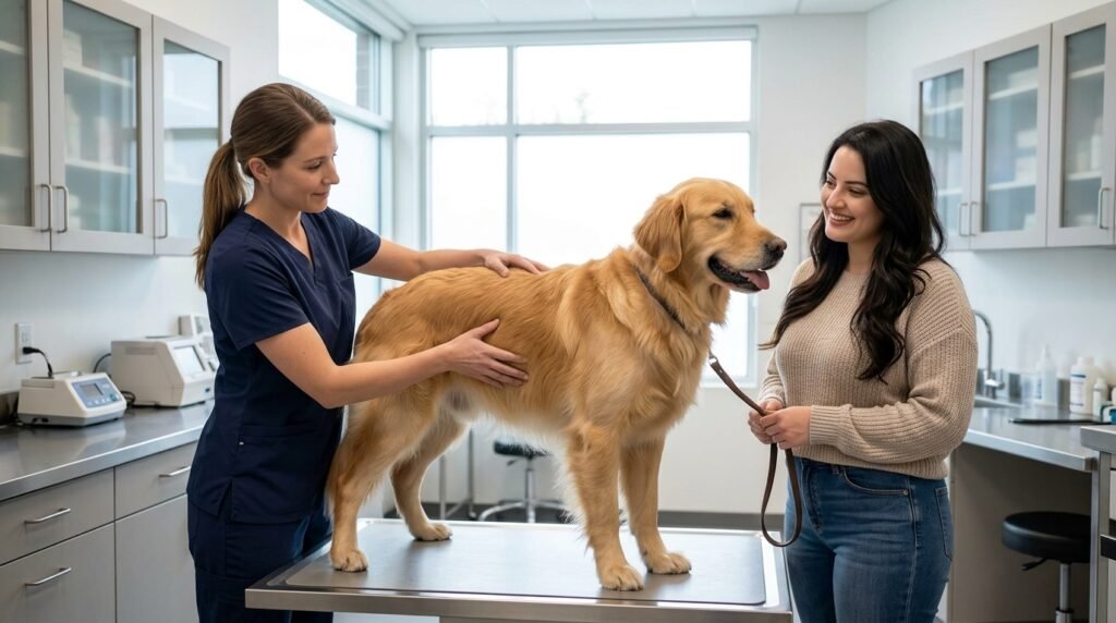 Veterinarian checking a dog's body condition and weight trend