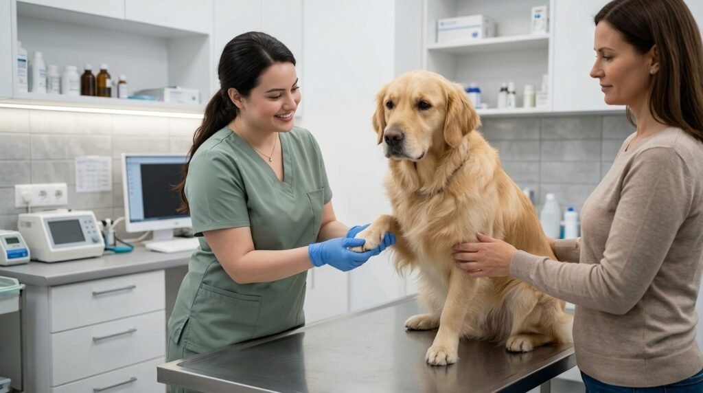 Female veterinarian examining a dog with a painful paw pad injury