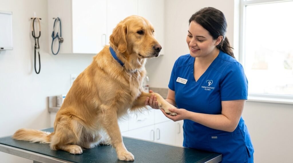Female veterinarian examining a limping dog's paw and nails