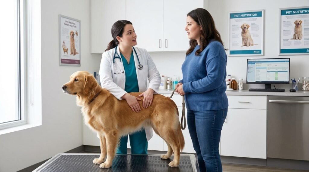 Female veterinarian evaluating a dog with changes in bowel habits