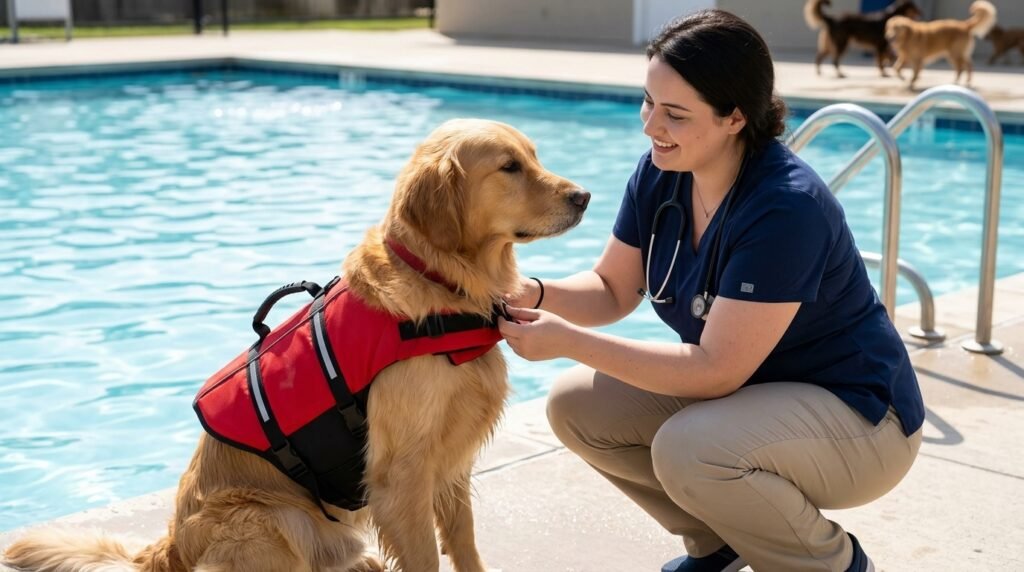 Female veterinarian checking a properly fitted dog life jacket before swimming