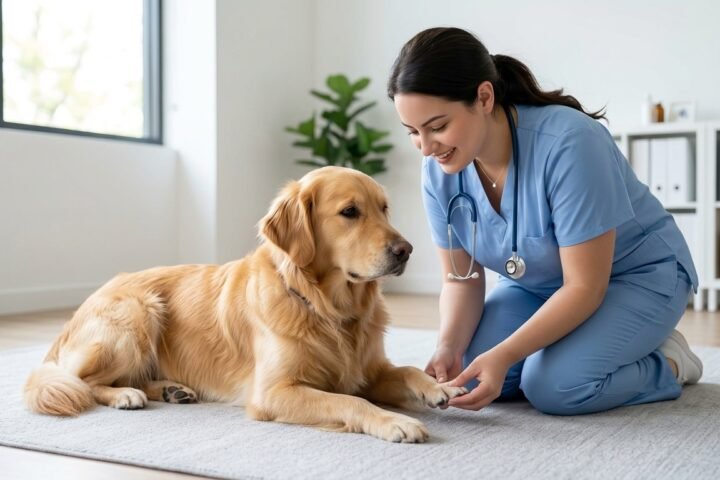 Dog broken nail being gently examined by a female veterinarian