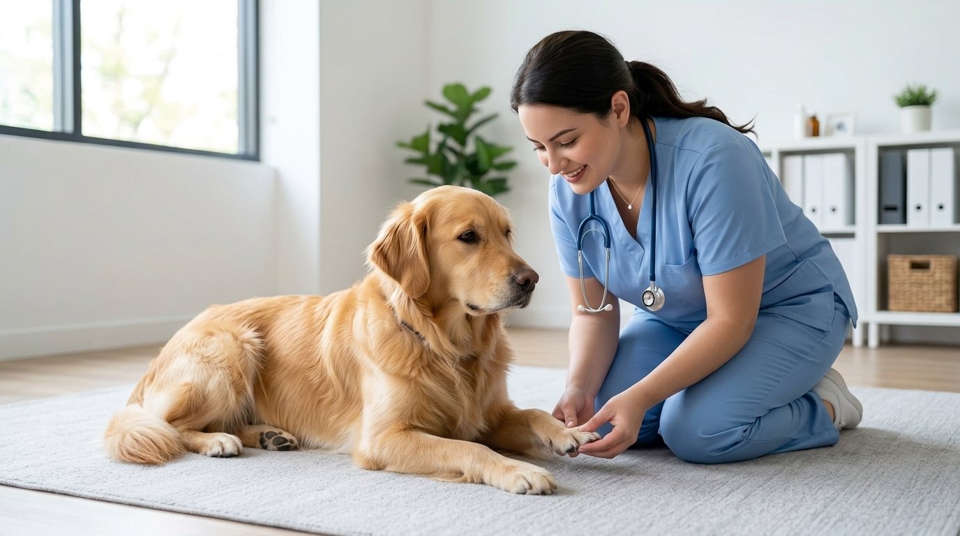Dog broken nail being gently examined by a female veterinarian