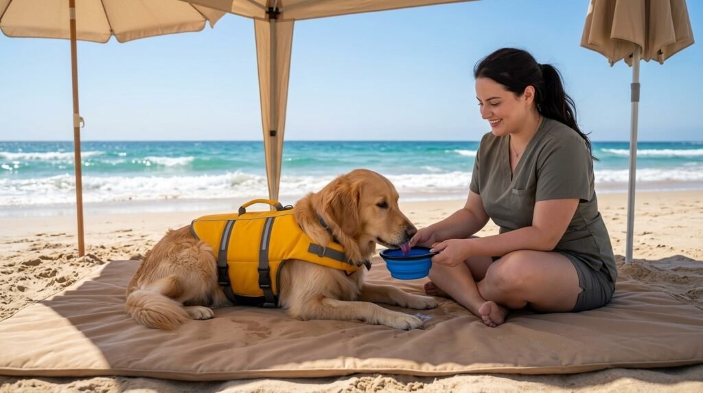 Dog drinking fresh water during a supervised beach swimming break