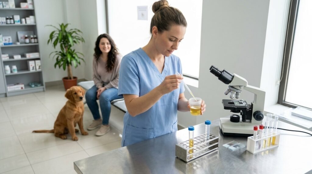 Veterinarian preparing a urine sample to investigate urinary problems in a dog