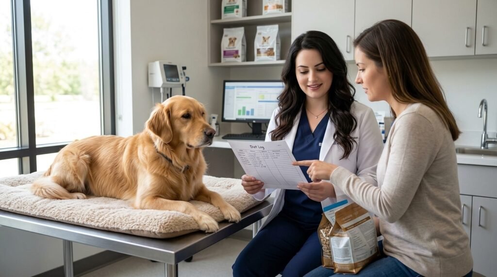 Female veterinarian reviewing diet history with dog owner