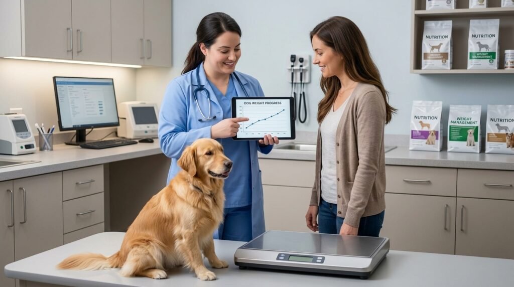 Female veterinarian reviewing an adult dog's weight-loss progress with the owner.
