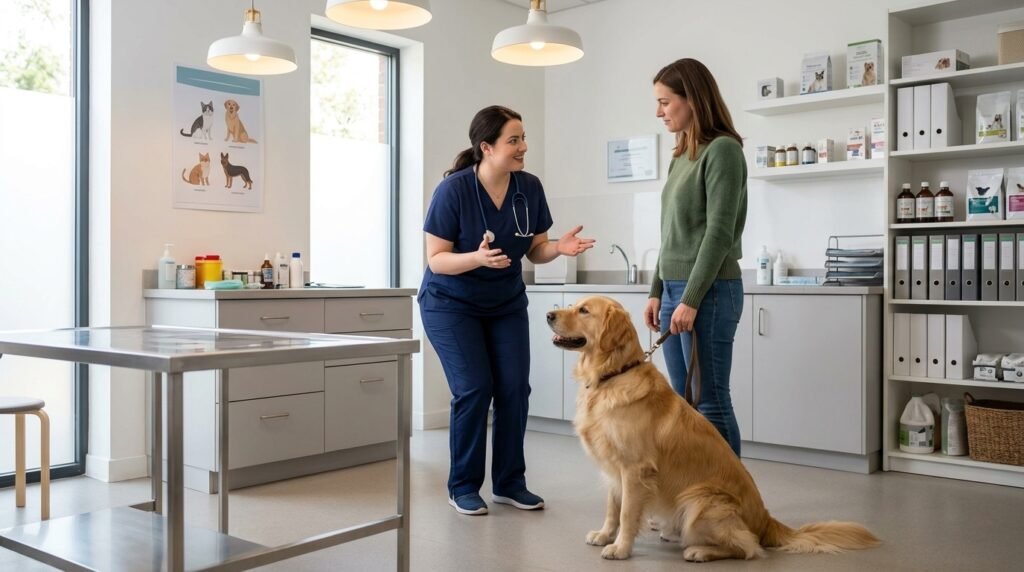 Female veterinarian discussing a fast-eating dog’s symptoms with its owner.