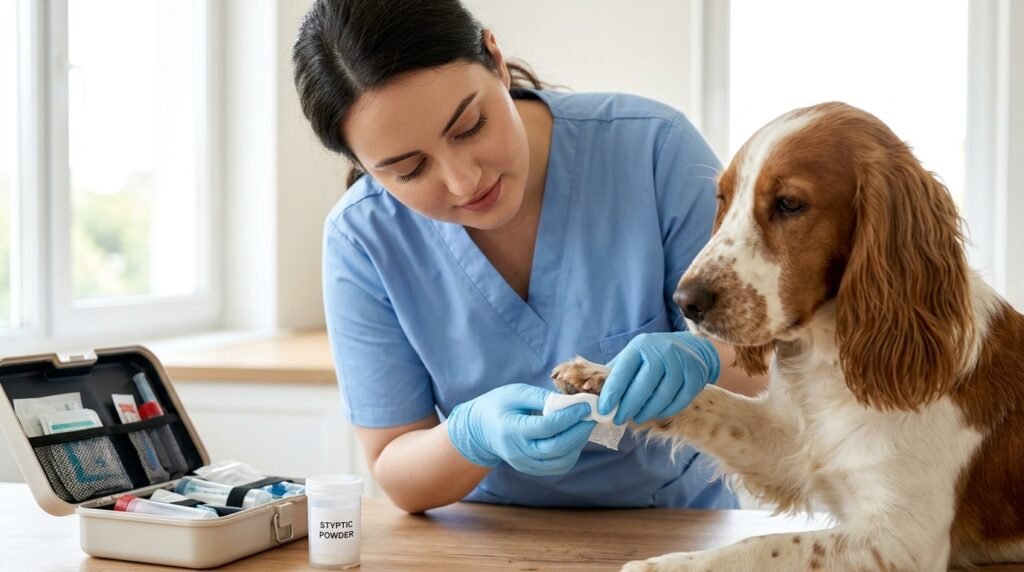 Female veterinarian applying clean gauze to a bleeding dog nail