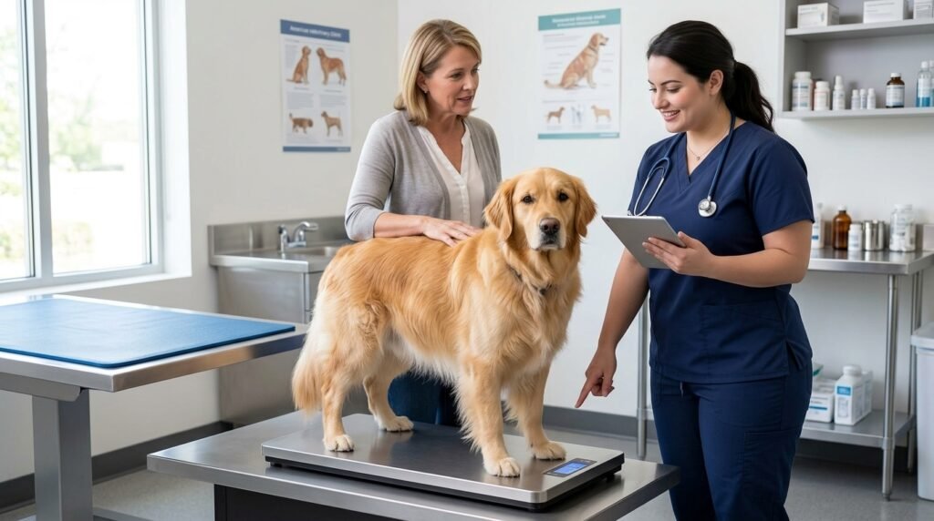 Overweight adult dog being weighed during a veterinary weight-management assessment.