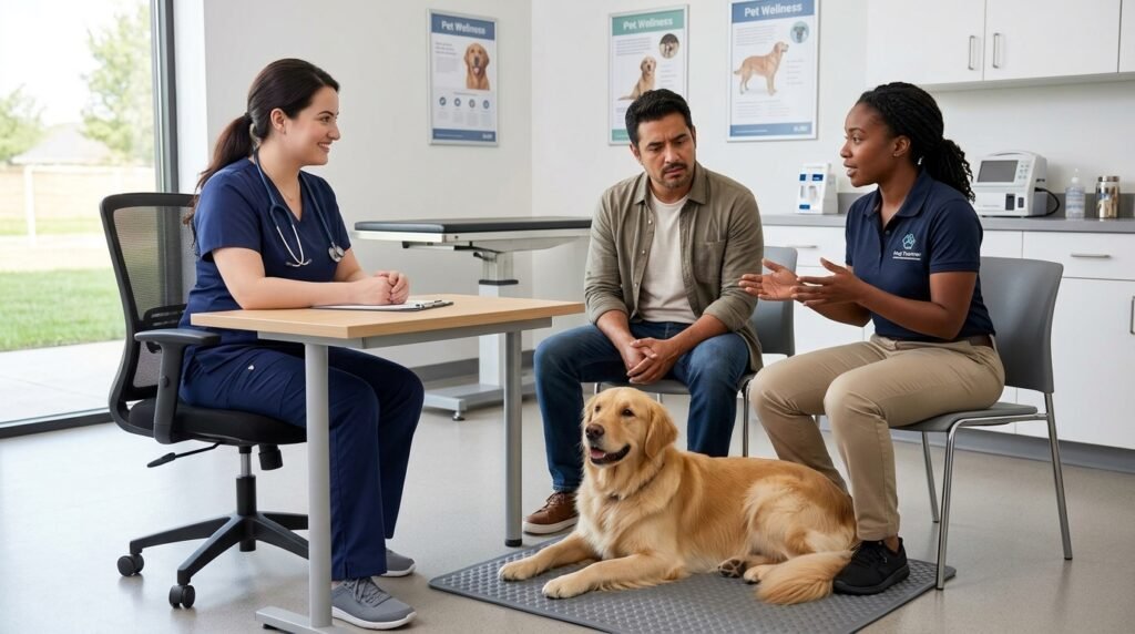 Veterinarian and reward-based trainer discussing sudden behavior and training changes