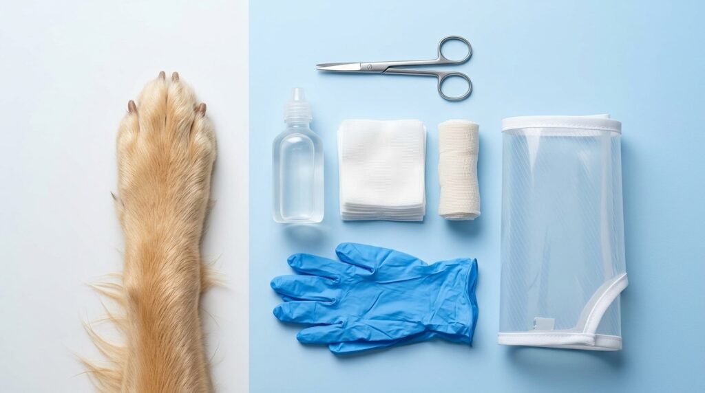 Safe supplies for basic first aid for an injured dog paw