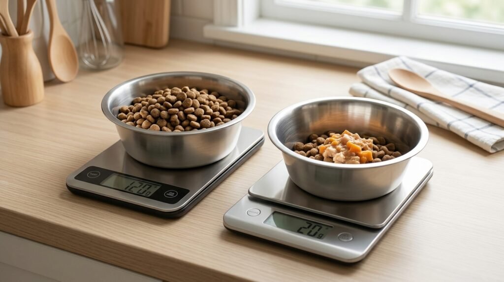 Realistic editorial shot of two bowls illustrating adjusted kibble and small topper serving with a kitchen scale; calm neutral styling, accurate portions, no text.