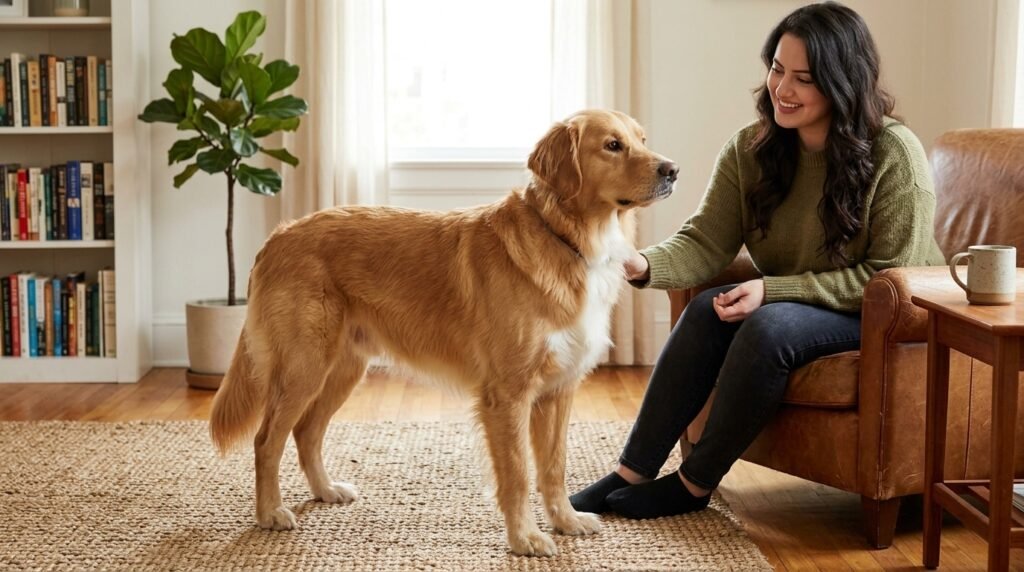 Adult giving a brief shoulder touch to a relaxed dog standing freely on a rug.