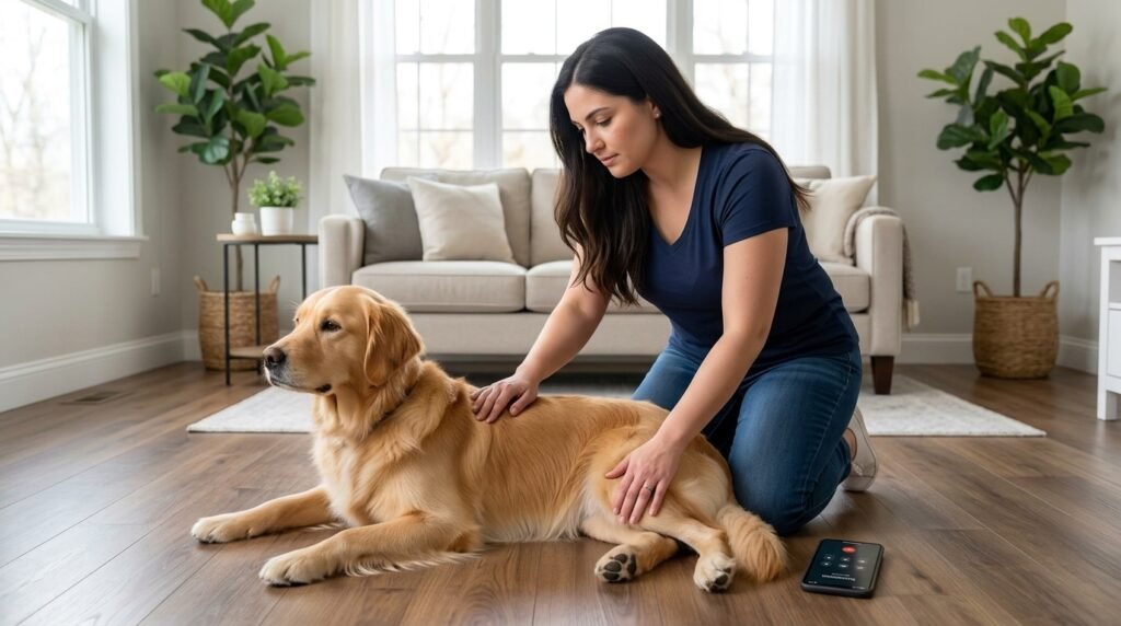 Owner checking breathing and pulse before starting CPR for a dog