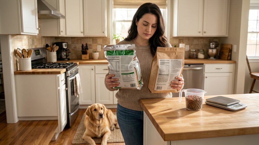 Owner comparing two dog food packages beside a bowl and kitchen scale