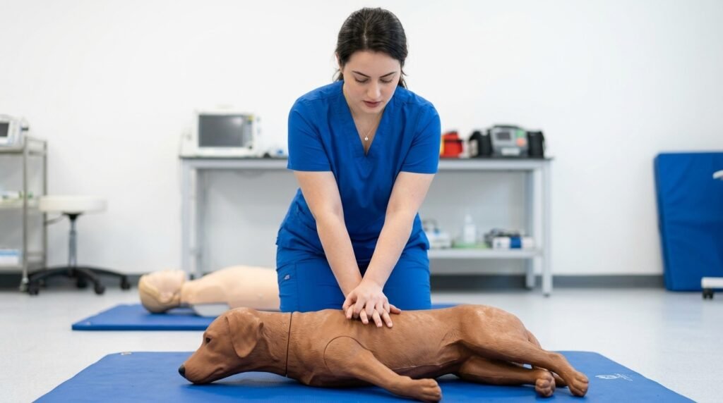 Correct hand position for dog chest compressions during CPR training