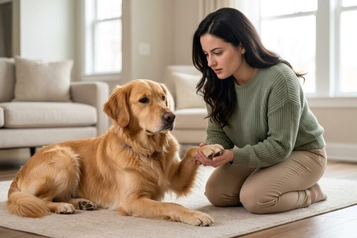 Dog paw pad injury being gently checked by a female dog owner