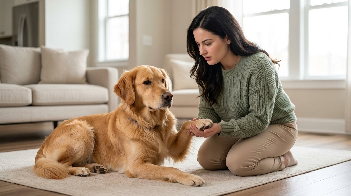 Dog paw pad injury being gently checked by a female dog owner