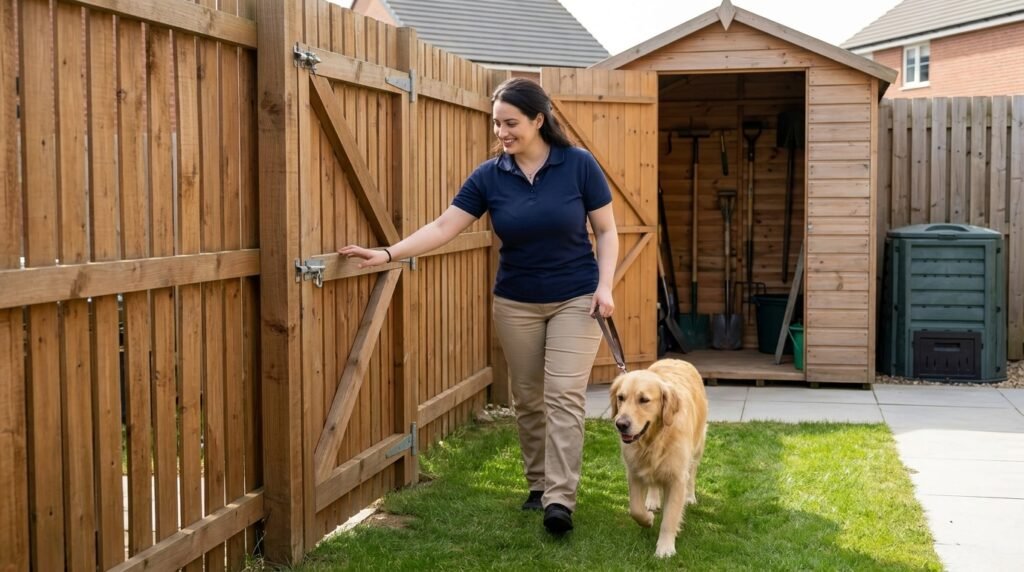 Dog owner performing a safety inspection of fencing and backyard hazards.