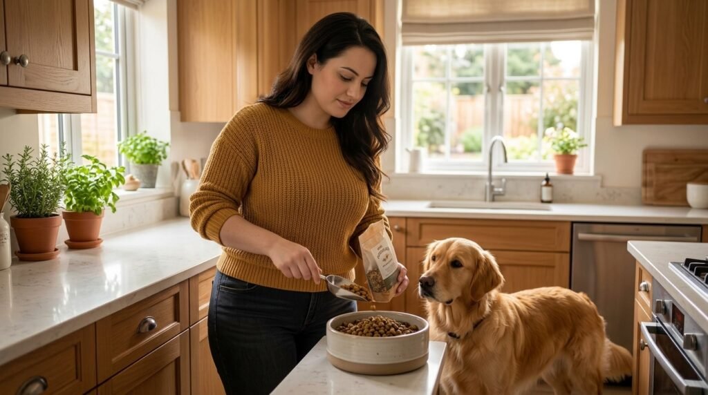 Woman measuring a small topper into her dog's meal