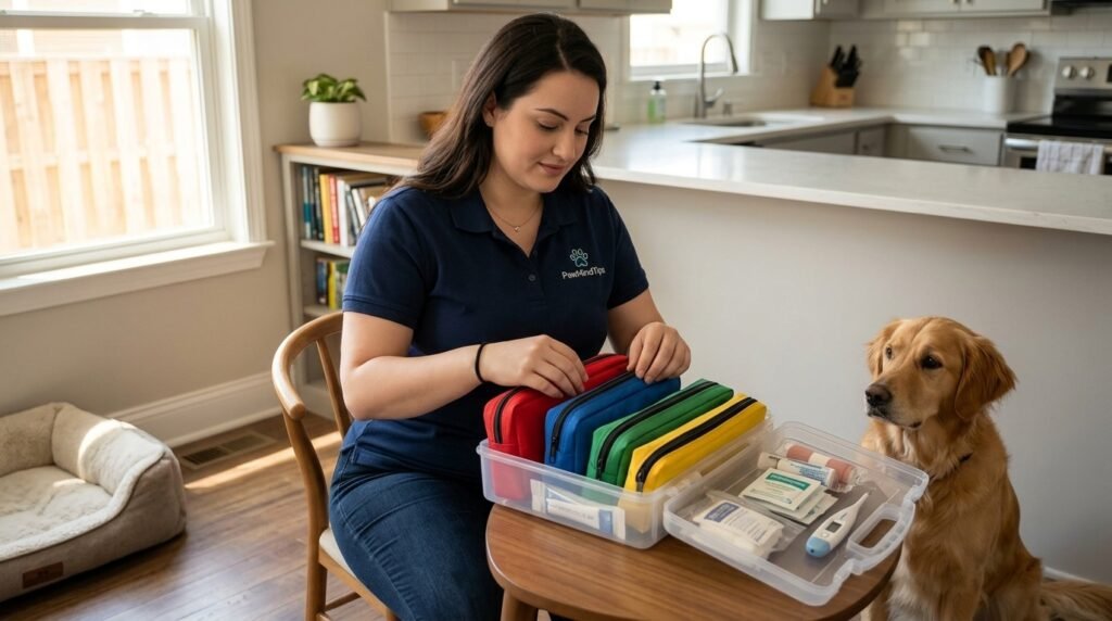 Female dog owner organizing pet first aid supplies into color-coded pouches