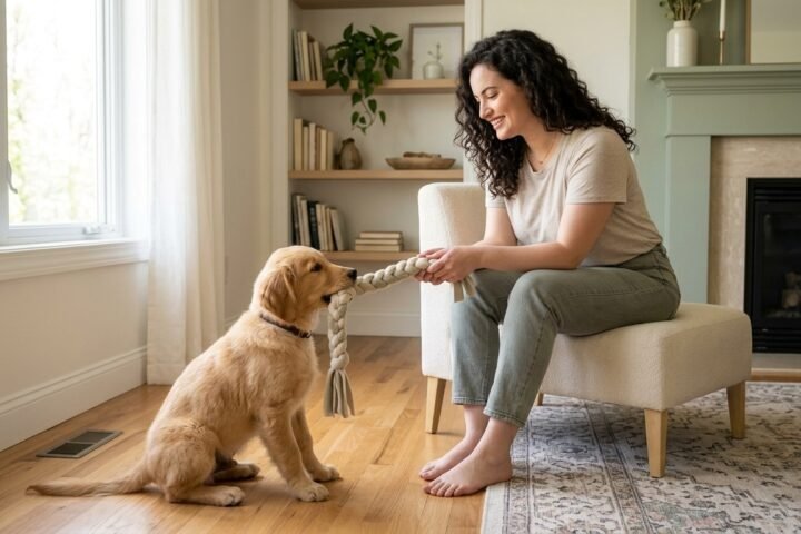 Puppy holding a long toy during dog mouthing training with an adult owner.