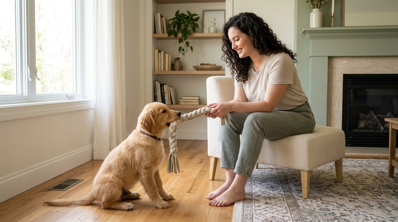 Puppy holding a long toy during dog mouthing training with an adult owner.