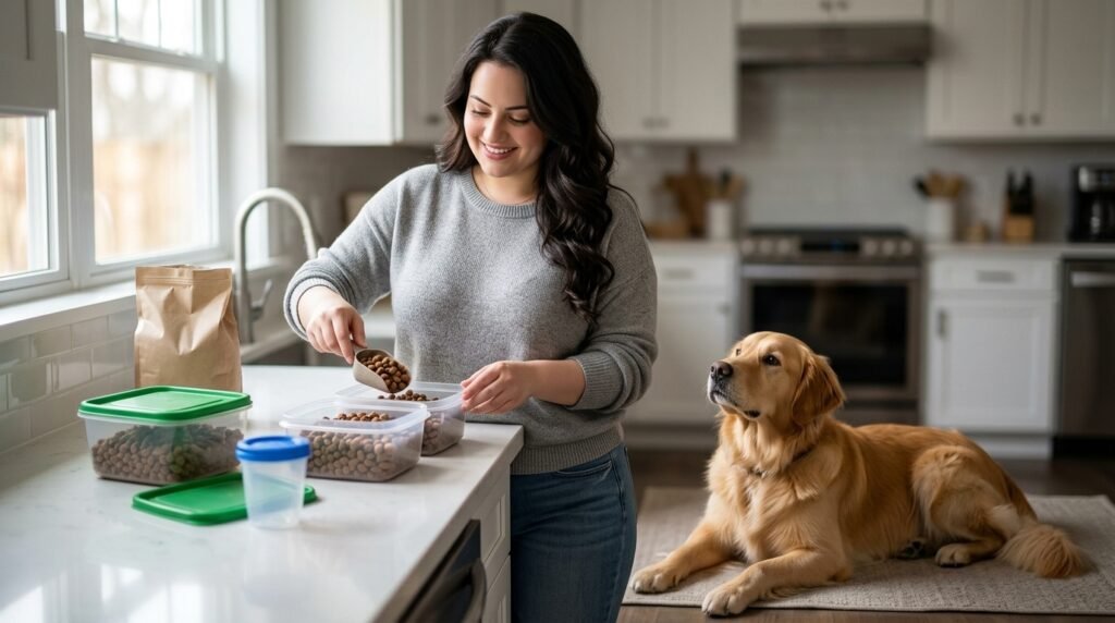 Owner dividing kibble between two meal containers and a smaller training container