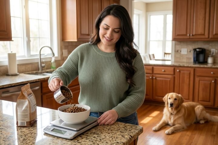 Dog food measuring with an owner adding kibble to a bowl on a kitchen scale
