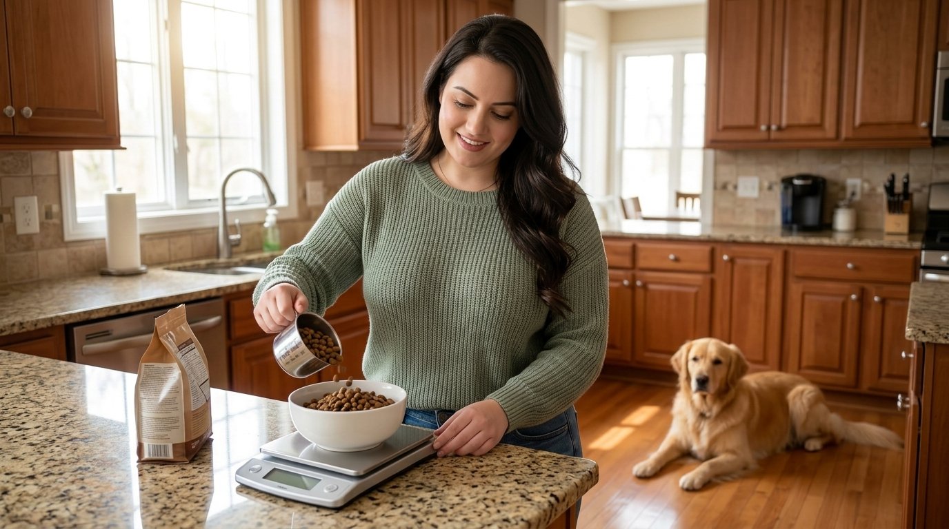 Dog food measuring with an owner adding kibble to a bowl on a kitchen scale