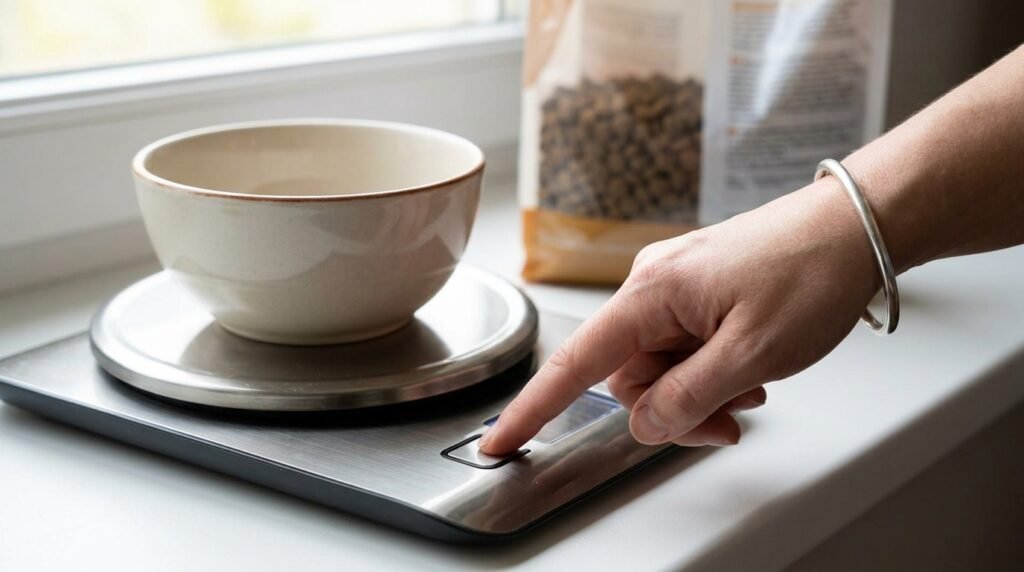 Owner pressing a kitchen scale button with an empty dog food bowl on the platform