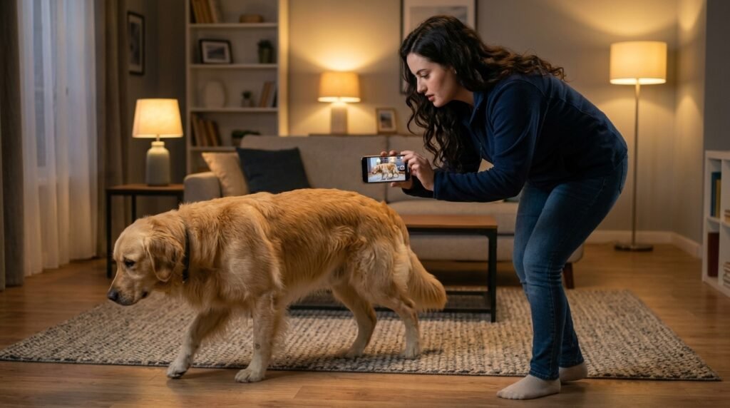 Owner recording a walking video of a dog limping at home