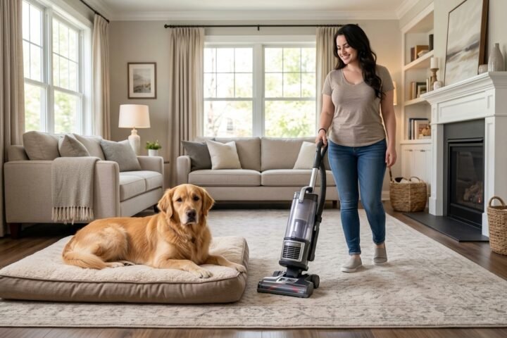 Dog afraid of the vacuum practicing calmly with a female owner and treats