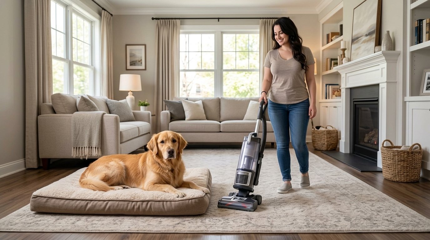Dog afraid of the vacuum practicing calmly with a female owner and treats