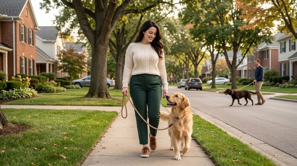 Calm dog walking past another dog at a comfortable distance